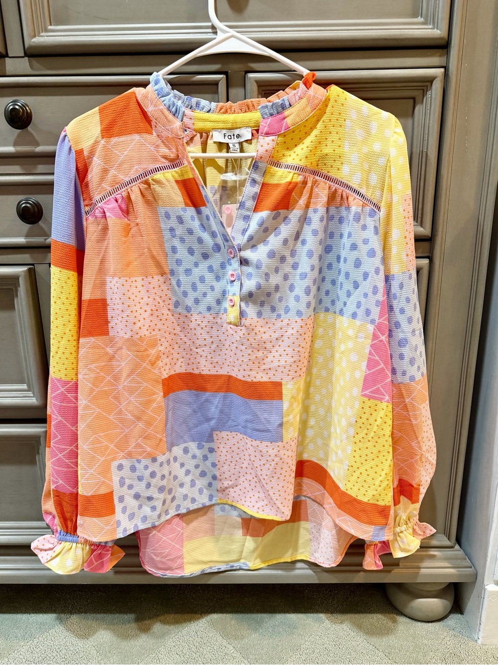 Fate Multicolor Patchwork Blouse in Pink, Orange, Yellow, Blue & Lavender- NWT-